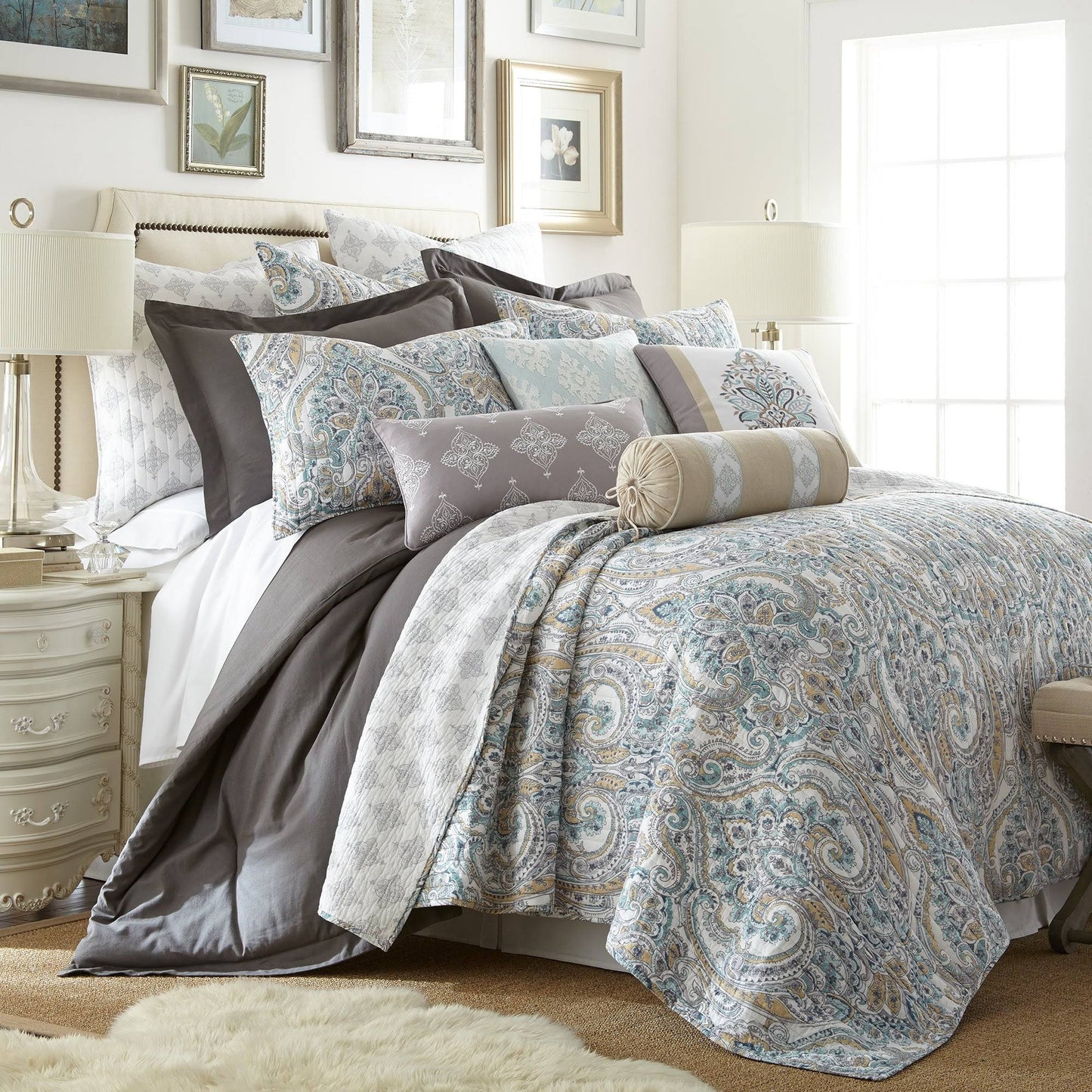 Home Rome Quilt Set, Grey, Full/Queen