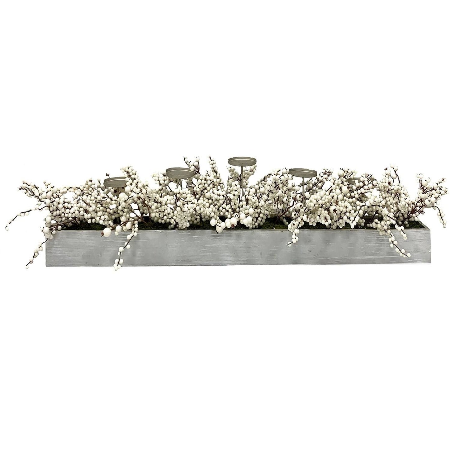 Hill Farm 42 In. 5-Candle Holder Centerpiece With White Berries In Wooden Box