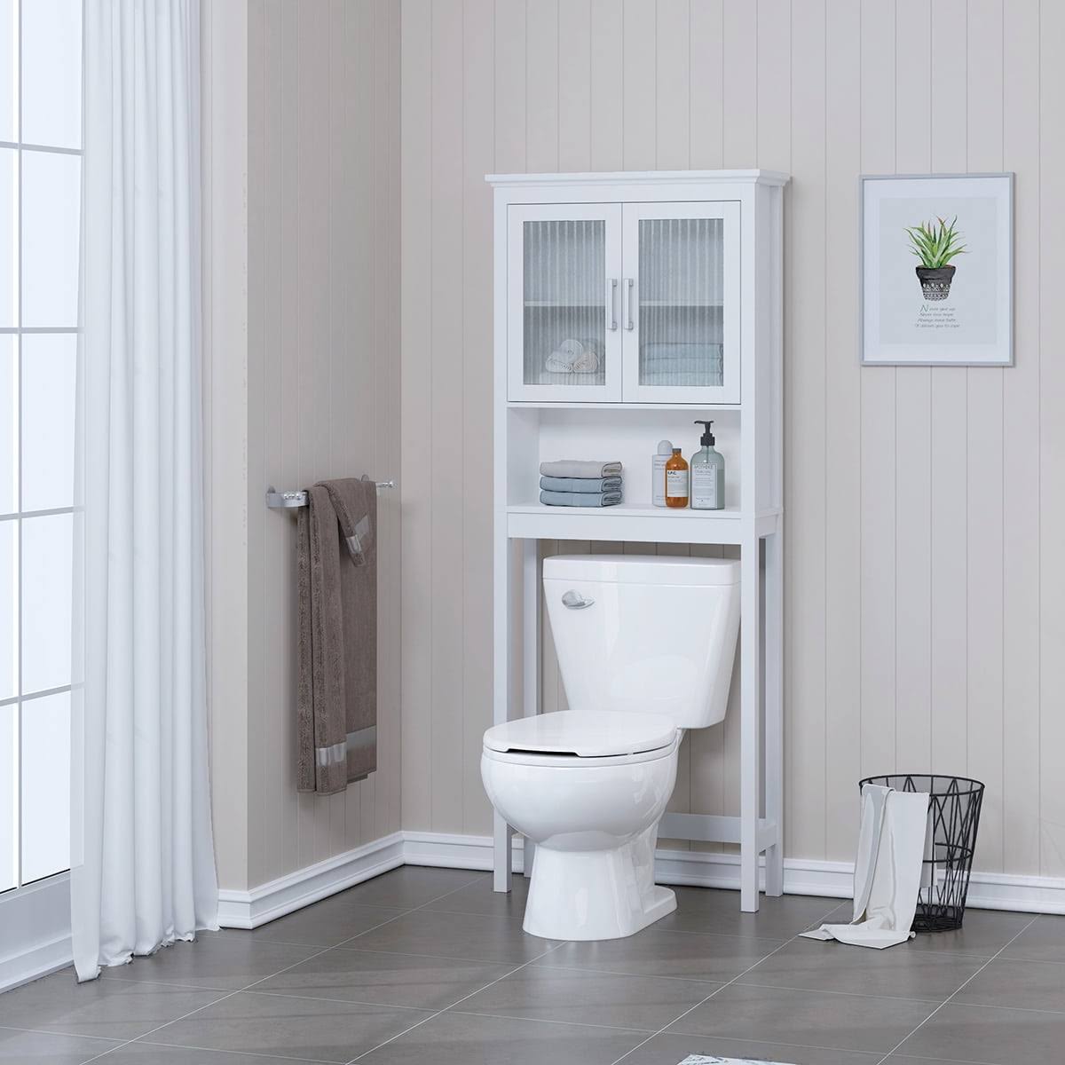 Home Bathroom Shelf Over The Toilet, Bathroom Cabinet Organizer With Tempered Glass,White