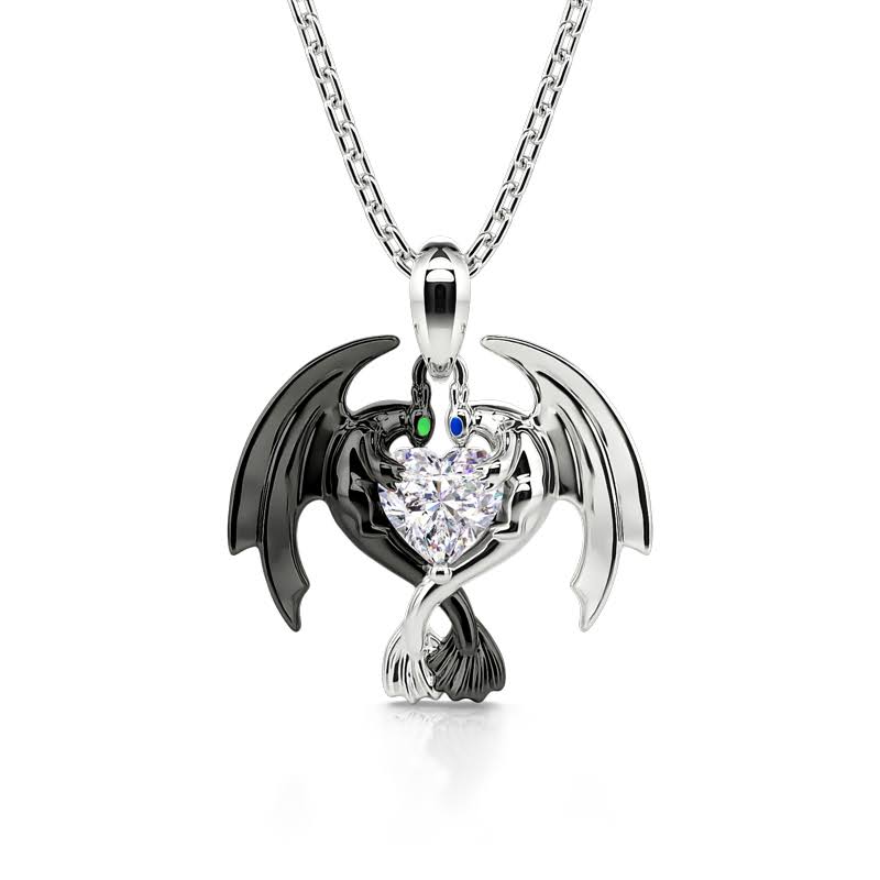 Hug Me Heart Cut Dragon Couple Necklace In Sterling Silver