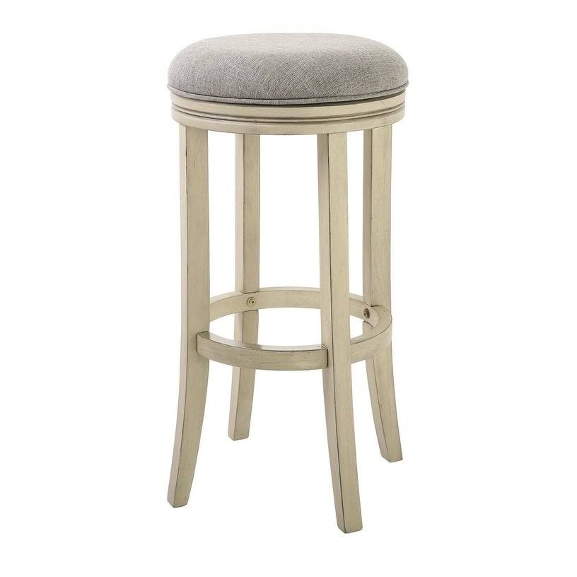 Home Victoria 30 Inch Bar Height Swivel Stool In Distressed Ivory Finish And Paradigm Quartz Fabric
