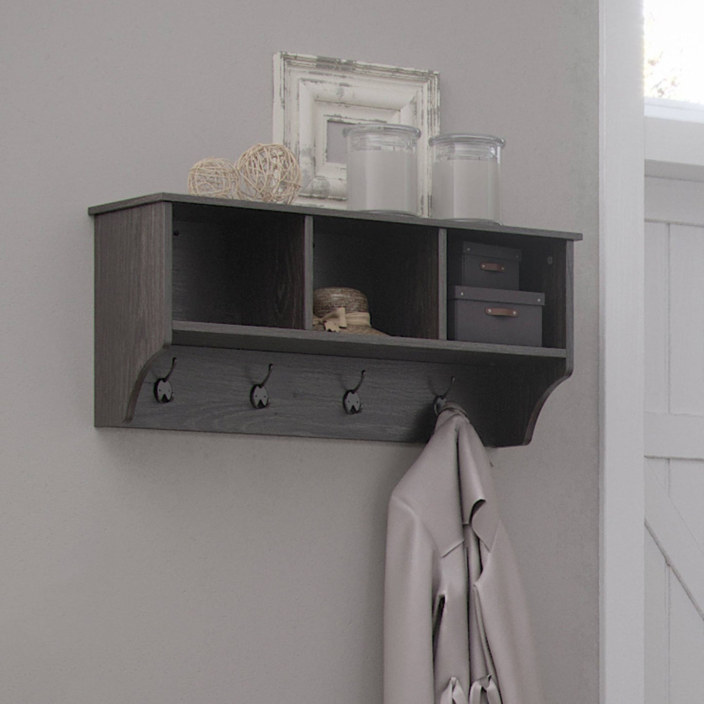 Home Woodbury Collection Wall Shelf With Cubbies And Hooks