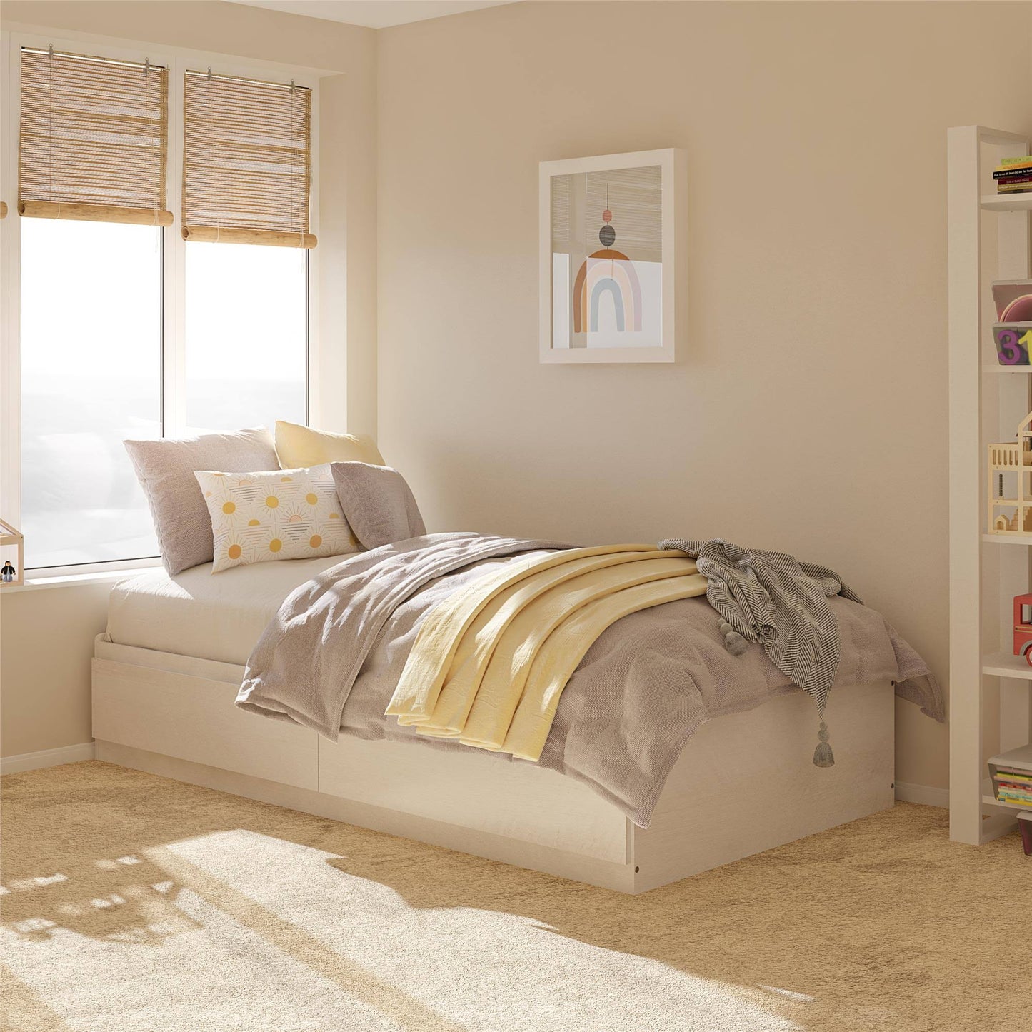 Home Twin Platform Bed With Drawers, Ivory Oak