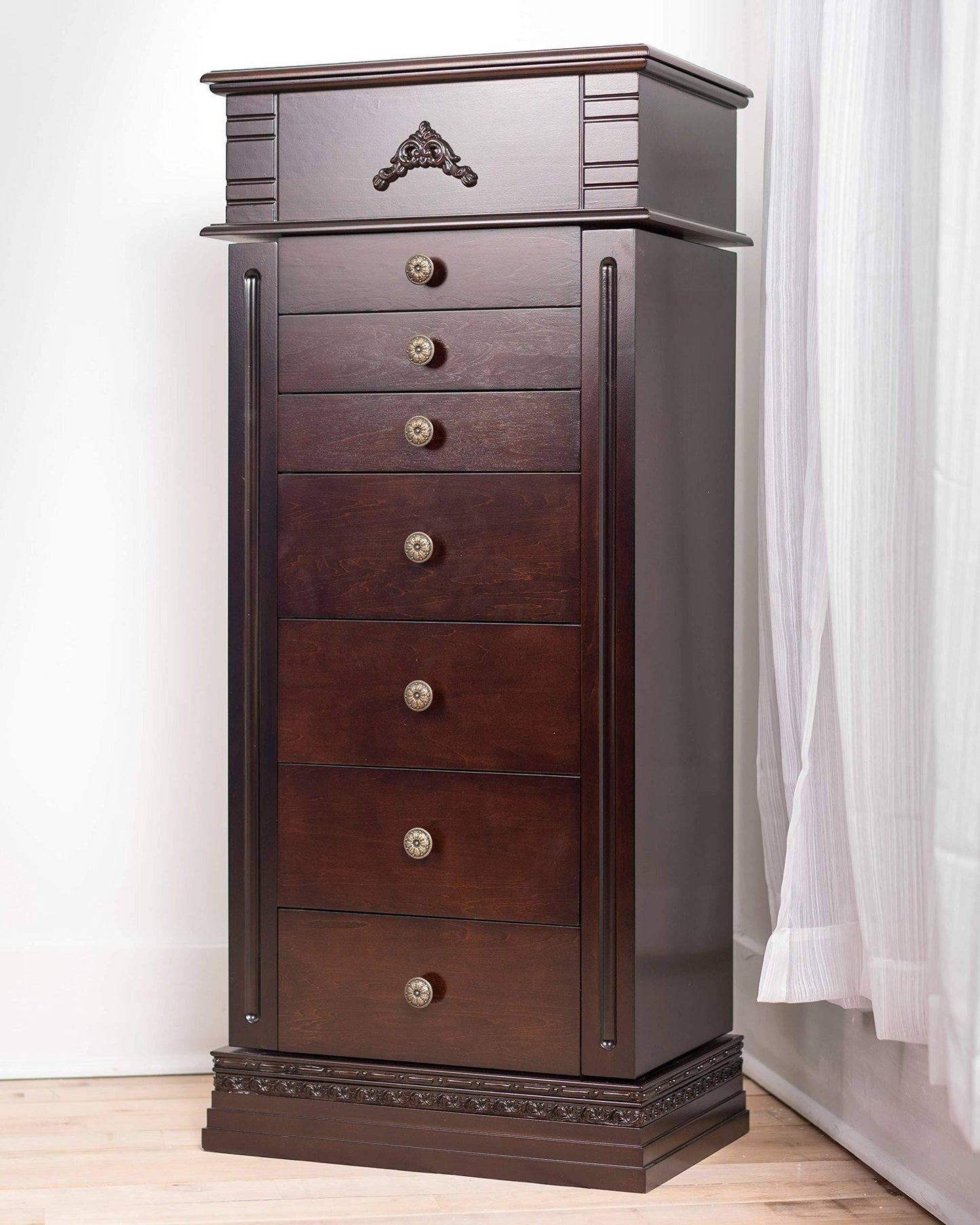Honey Stella Large Jewelry Armoire Cabinet Standing Storage Chest Necklace Organizer, 18-5/8" X 12-1/8" X 42-1/8", Dark Walnut