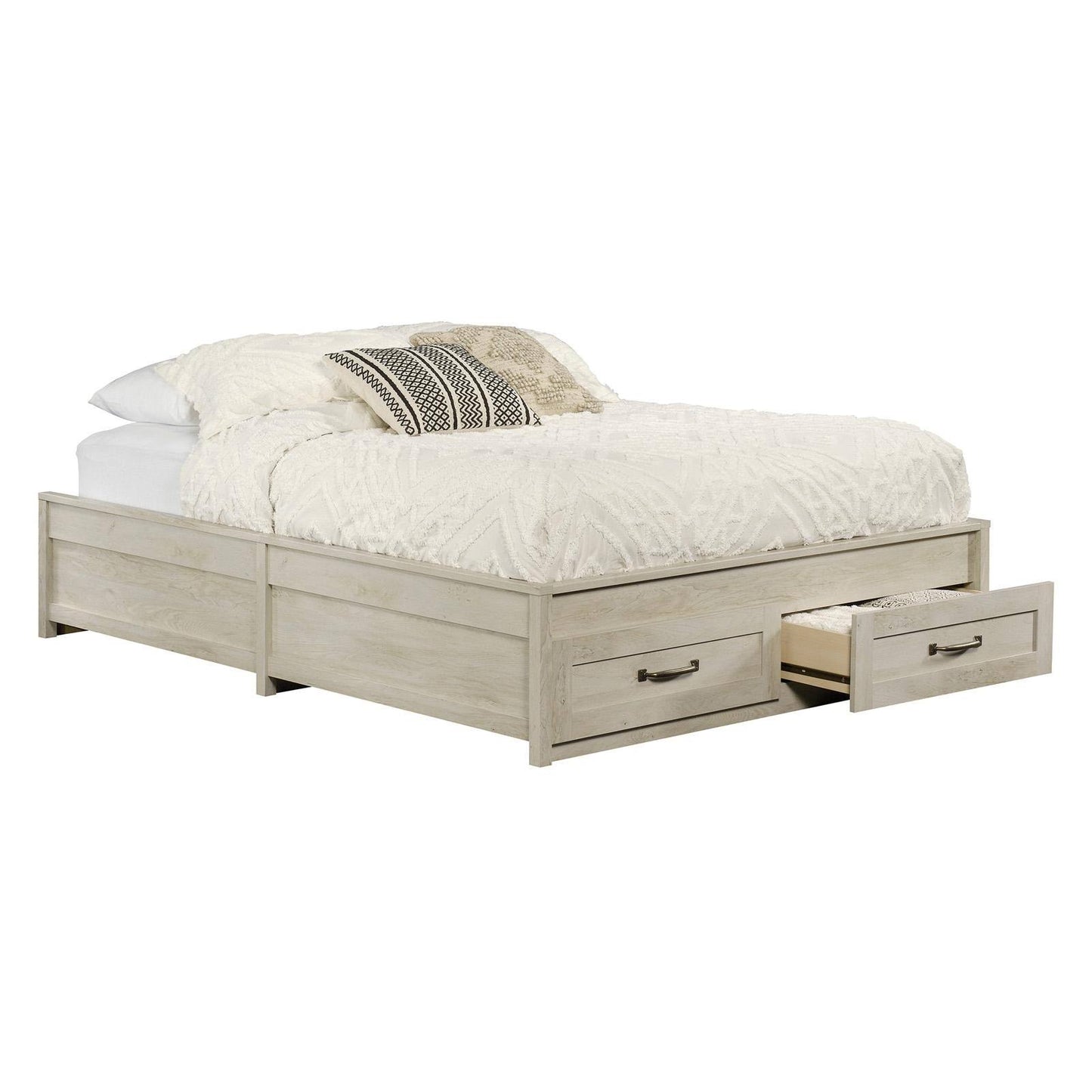 Homes & Gardens Modern Farmhouse Queen Platform Bed With Storage, Rustic White Finish
