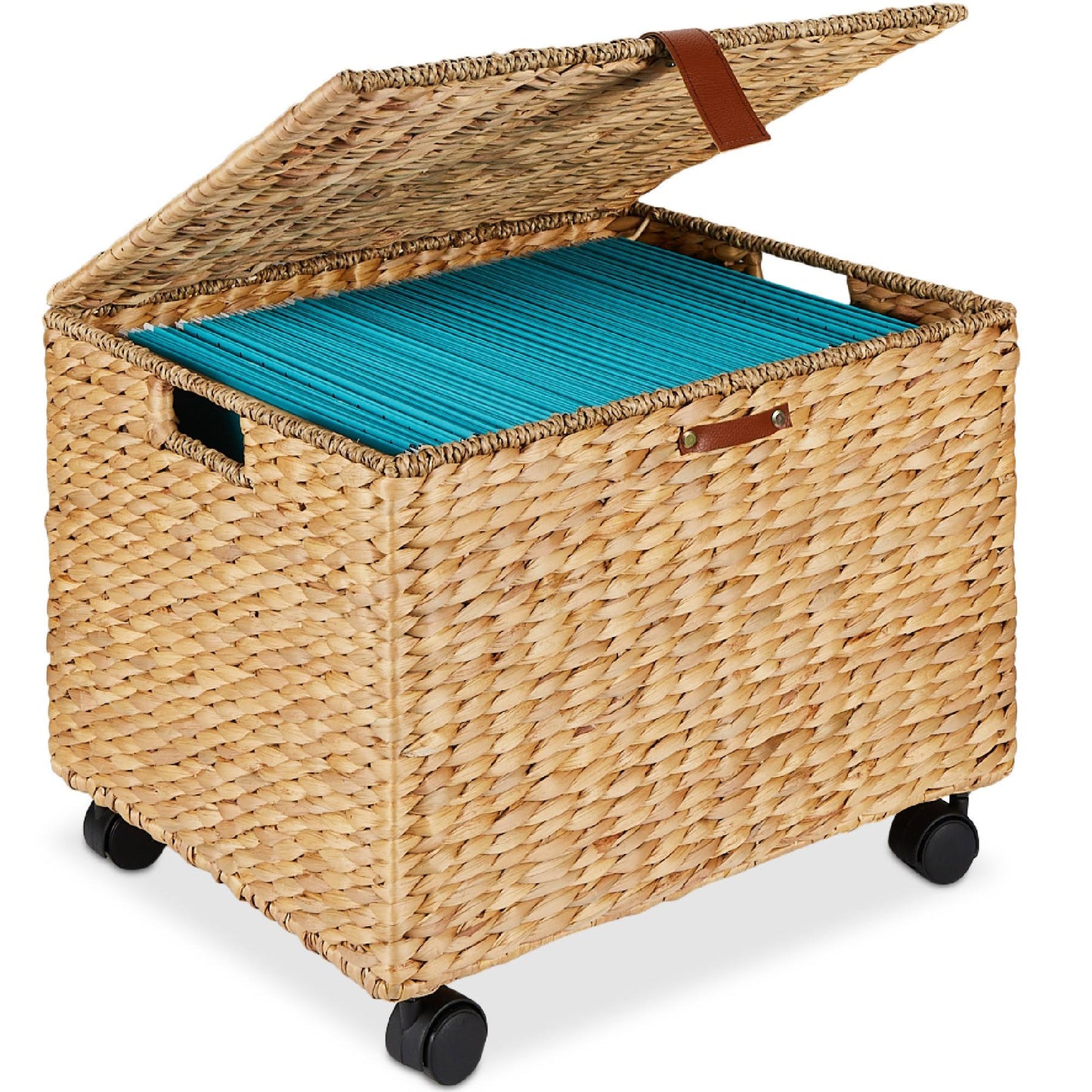 Hyacinth Rolling Filing Cabinet Mobile Organizer Storage Basket W/ Lid, Locking Wheels - Natural