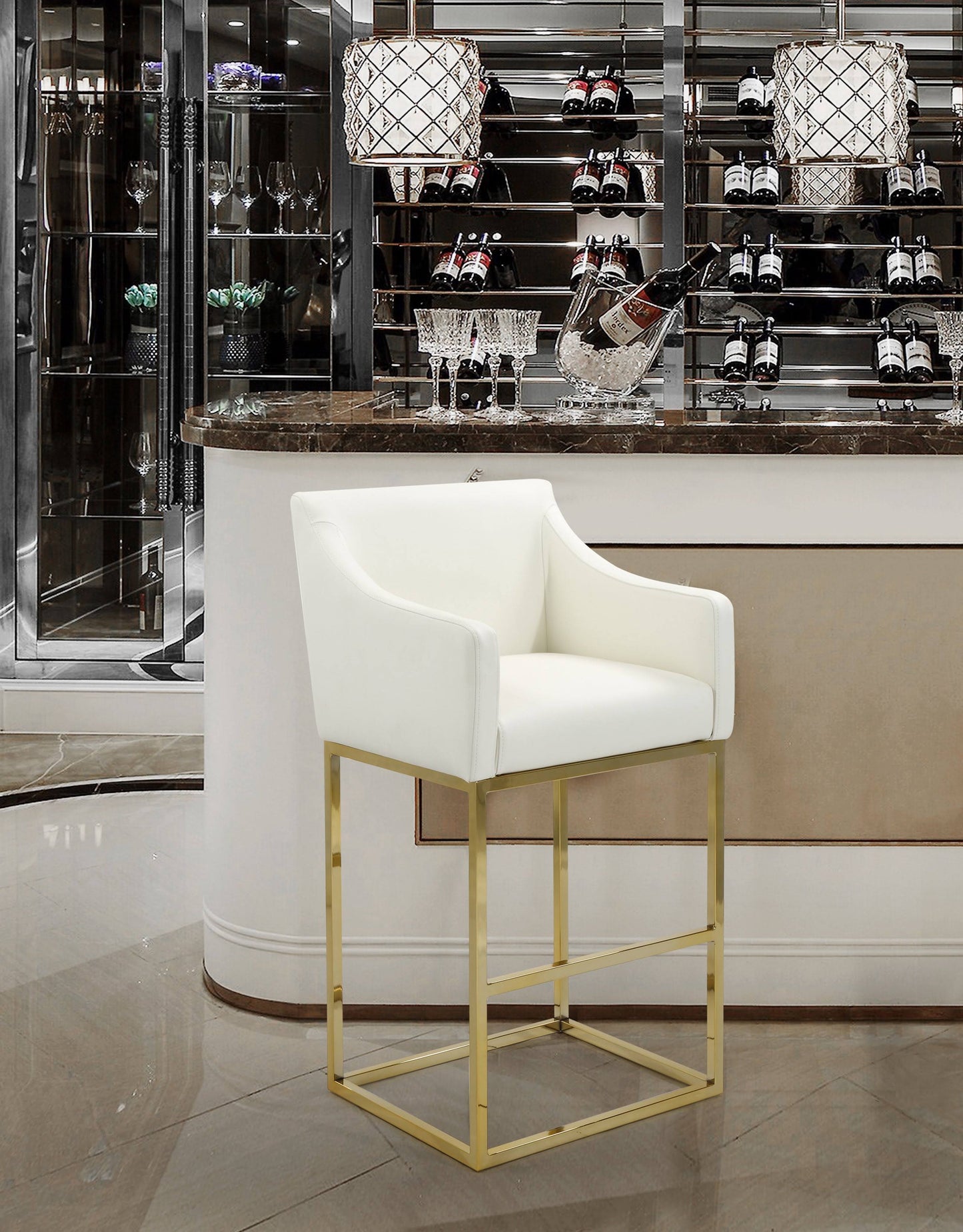 Home Bluebell Bar Stool Pu Leather Goldtone Metal Base Cream