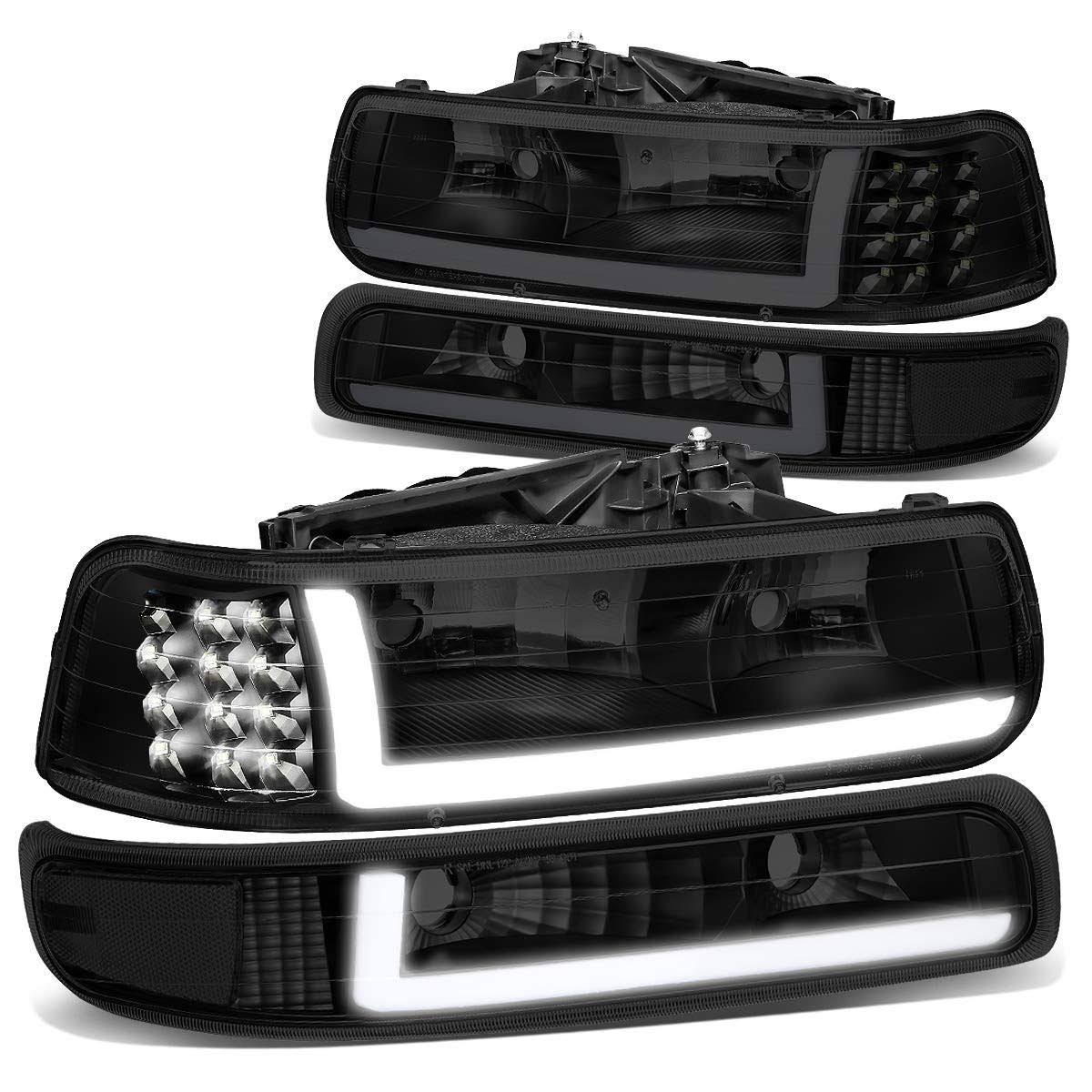 Hl-Lb-Csil99-Bk-Sm-Cl1 For 1999 To 2002 Chevy Silverado 2000 To 2006 Suburban 1500 2500 Tahoe Led Drl Headlight Bumper Signal Lamps