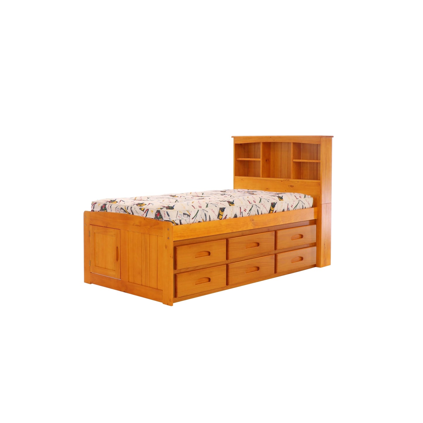 Home And Office Furniture Model 2120-K6-Kd Solid Pine Twin Captains Bookcase Bed With 6 Drawers In Warm Honey