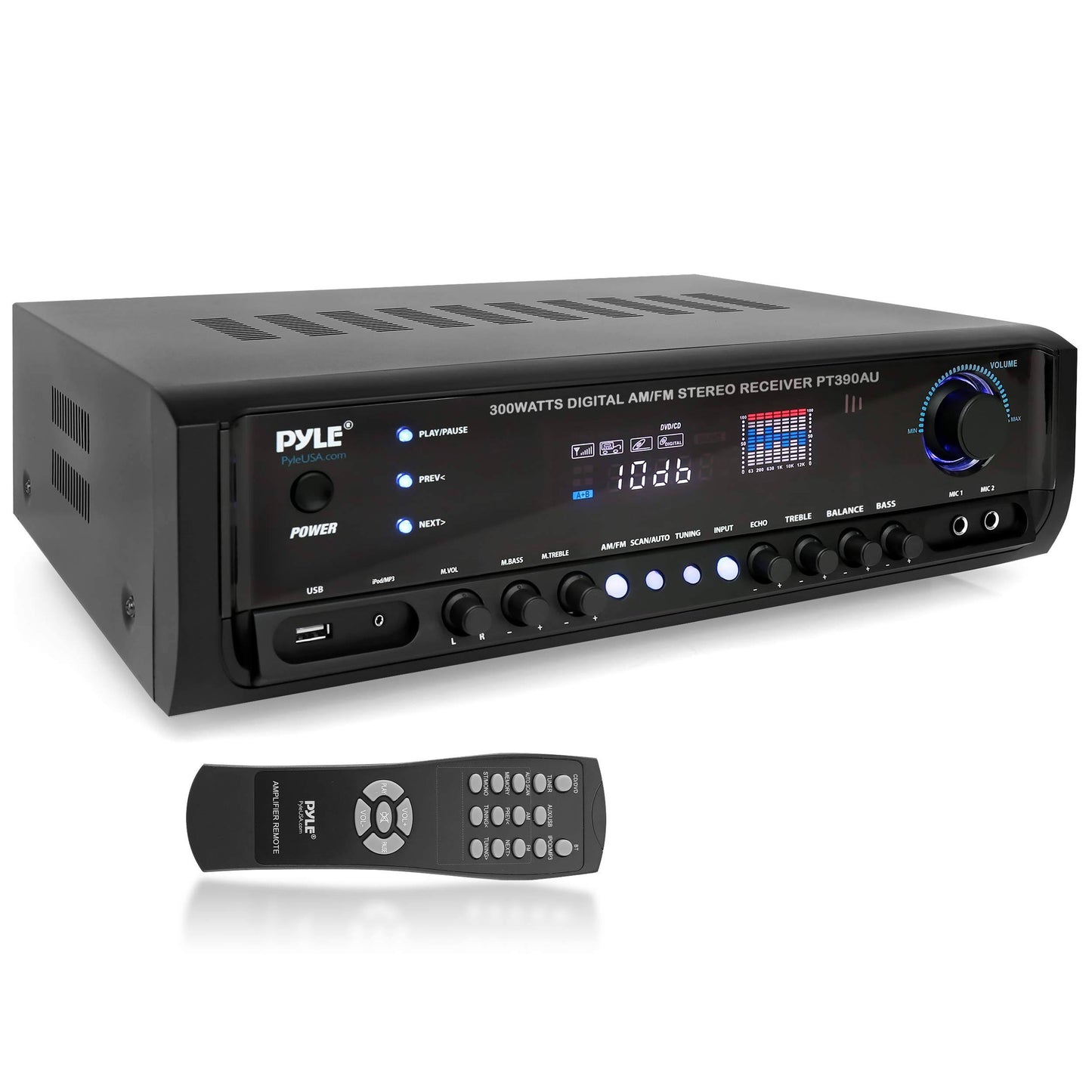 Home Audio Power Amplifier System - 300w 4 Channel Theater Power Stereo Sound Receiver Box Entertainment W/ Usb, Rca, Aux, Mic W Pt390au