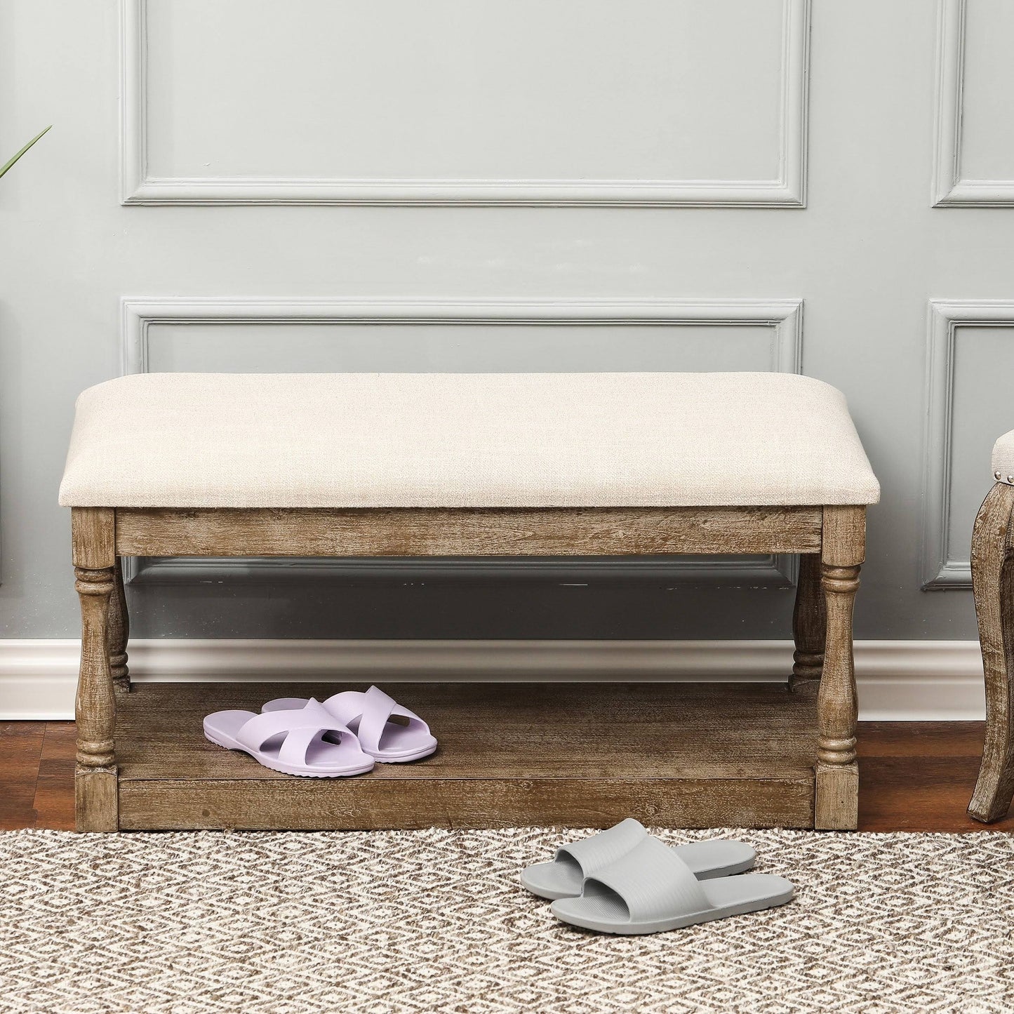 Home Upholstered Beige Linen Entryway And Bedroom Bench