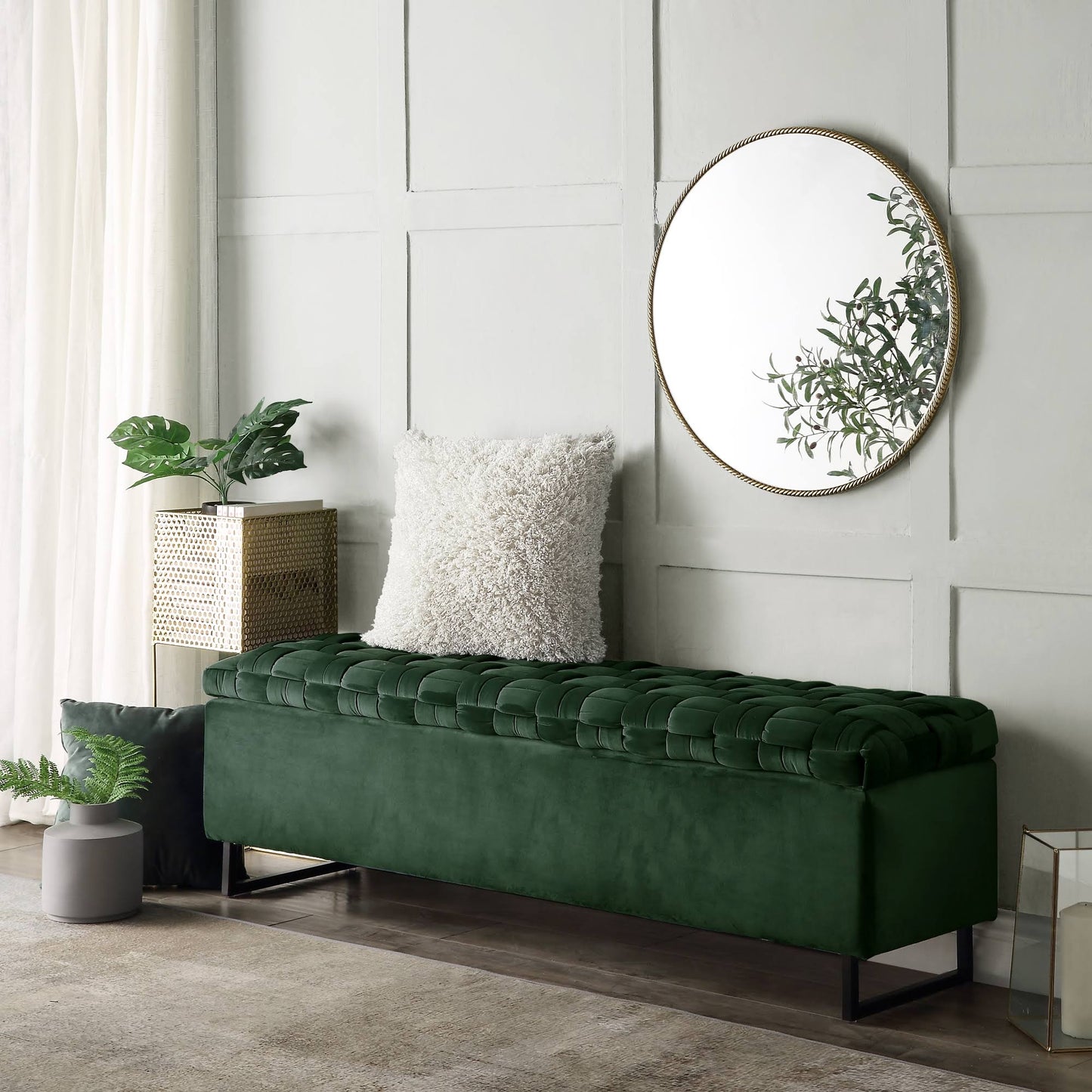 Hunter Green Velvet Storage Bench Upholstered Hand Woven