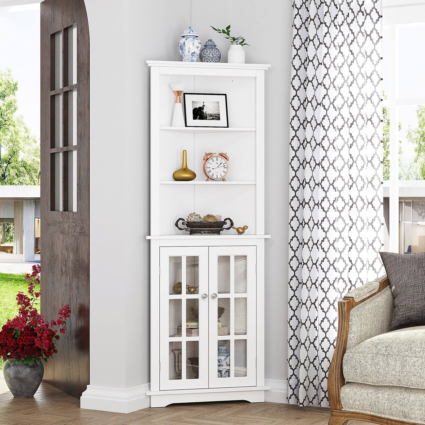 Home Bathroom Tall Corner Storage Cabinet, Floor Slim Display With Glass Doors And Adjustable Shelves White - Painted