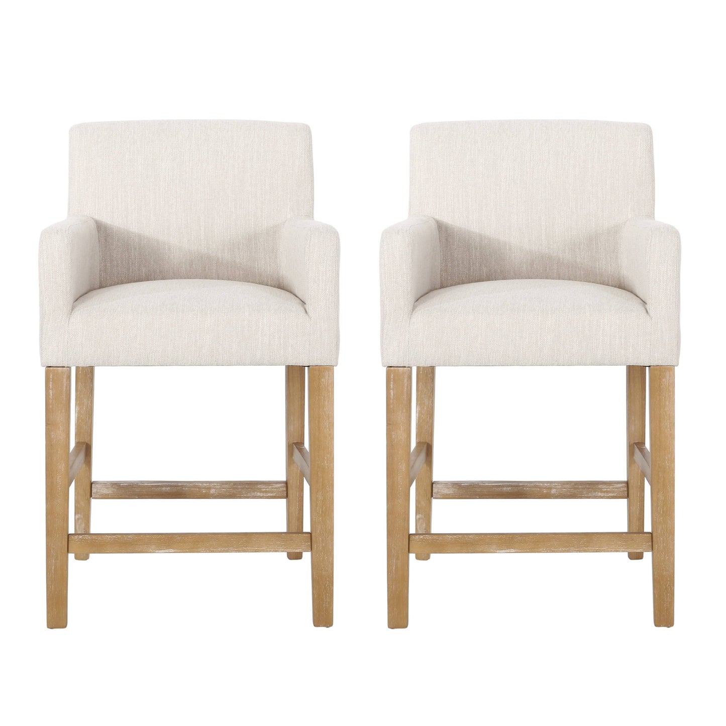 House Deville Fabric Upholstered Wood 26 Inch Counter Stools, Set Of 2, Beige And Weathered Natural