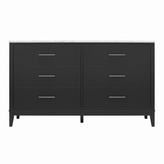 Home Lynnhaven Wide 6 Drawer Dresser In Black W/ White Marble Top