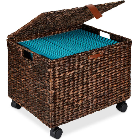 Hyacinth Rolling Filing Cabinet Mobile Organizer Storage Basket W/ Lid, Locking Wheels - Brown