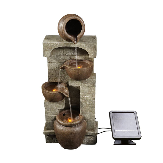 Home Solar Powered 4-Tier Fountain With Led Lights Stone Grey