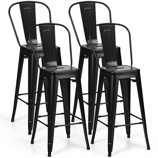 High Back Metal Industrial Bar Stools, Black, Set Of 4
