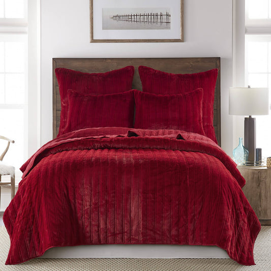 Home Faux Fur Red Stripe Quilting Microfiber Full/Queen Quilt