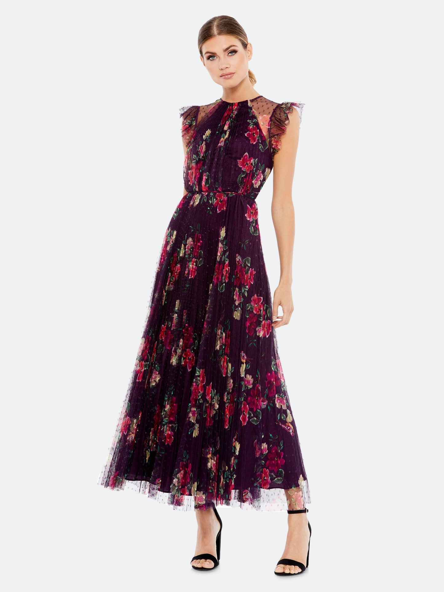 Ieena Cap Sleeve Floral A-Line Dress Plum Multi