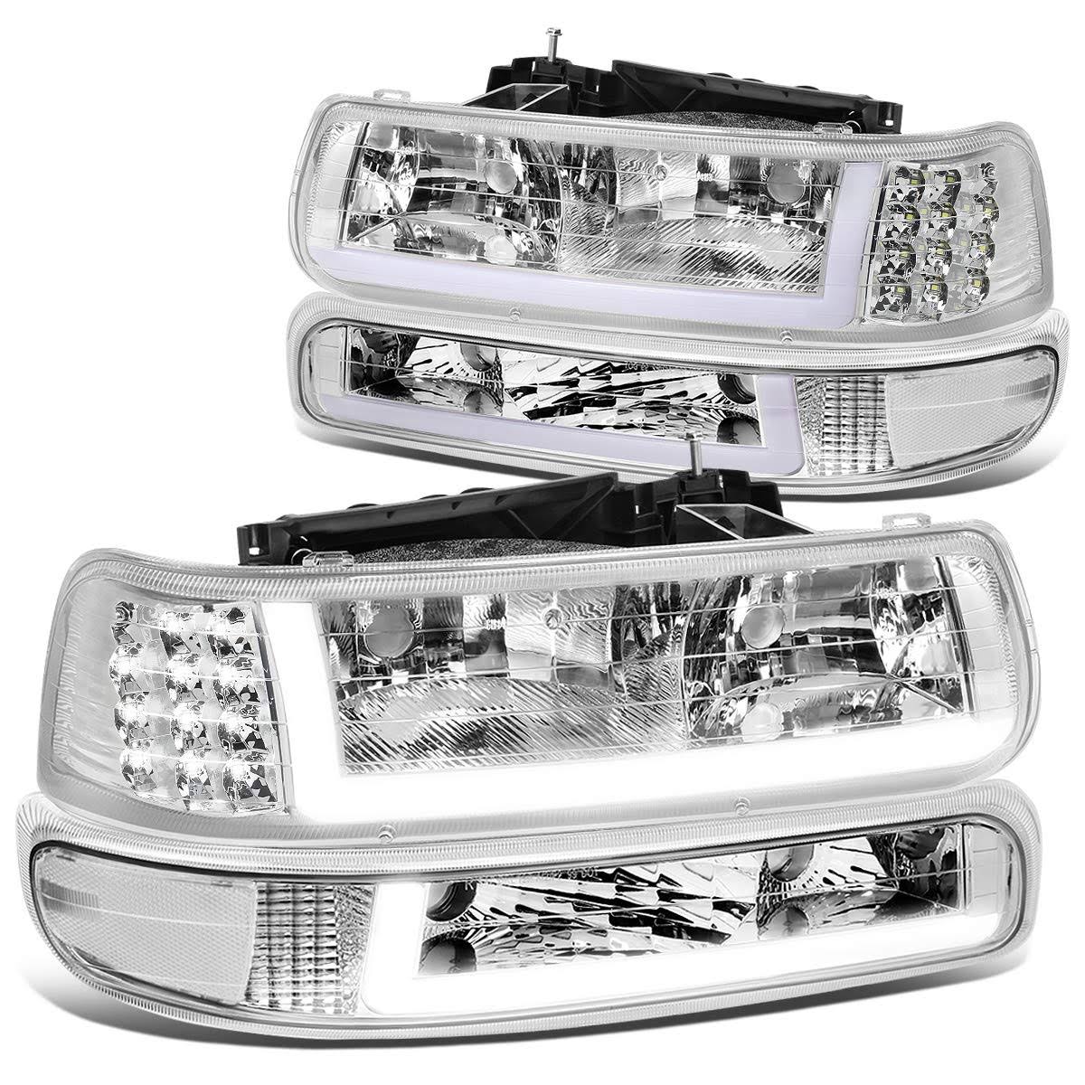 Hl-Lb-Csil99-Ch-Cl1 For 1999 To 2002 Chevy Silverado 2000 To 2006 Suburban 1500 2500 Tahoe Led Drl Headlight Bumper Signal Lamps Chrome/C