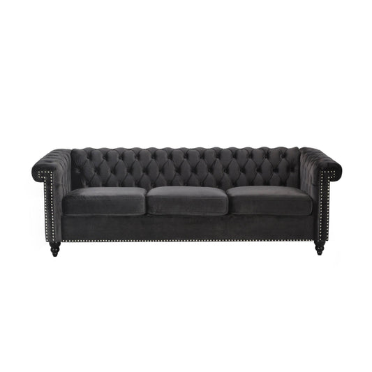 House Parkhurst Tufted Chesterfield Fabric Sofa In Pebble Gray And Brown