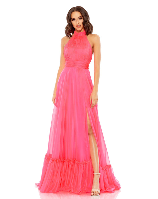 High Neck Tiered Chiffon Halter Gown - Sky Blue - 6