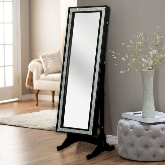 Home Glitzy Elegant Black Crystal-Bordered Rectangular Jewelry Armoire Cheval Full-Length Mirror