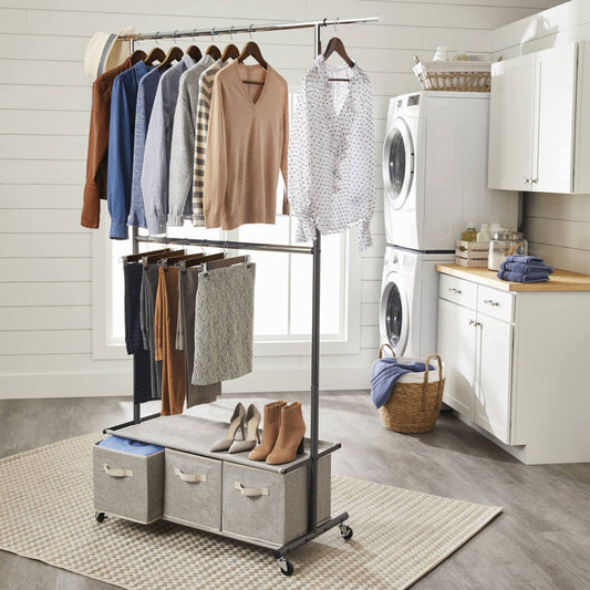 Homes & Gardens 2 Tier Garment Rack With 3 Drawer Closet Organizer , Gray