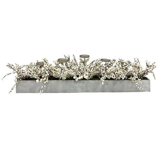 Hill Farm 42 In. 5-Candle Holder Centerpiece With White Berries In Wooden Box