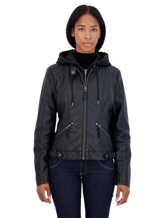Hooded Faux-Leather Jacket, Size: Xl, Black