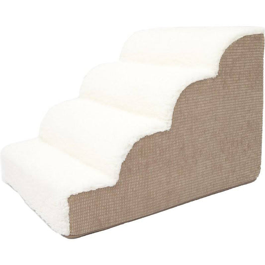 High Density Foam Scalloped Sherpa Top 4 Steps Dog & Cat Stair, Camel