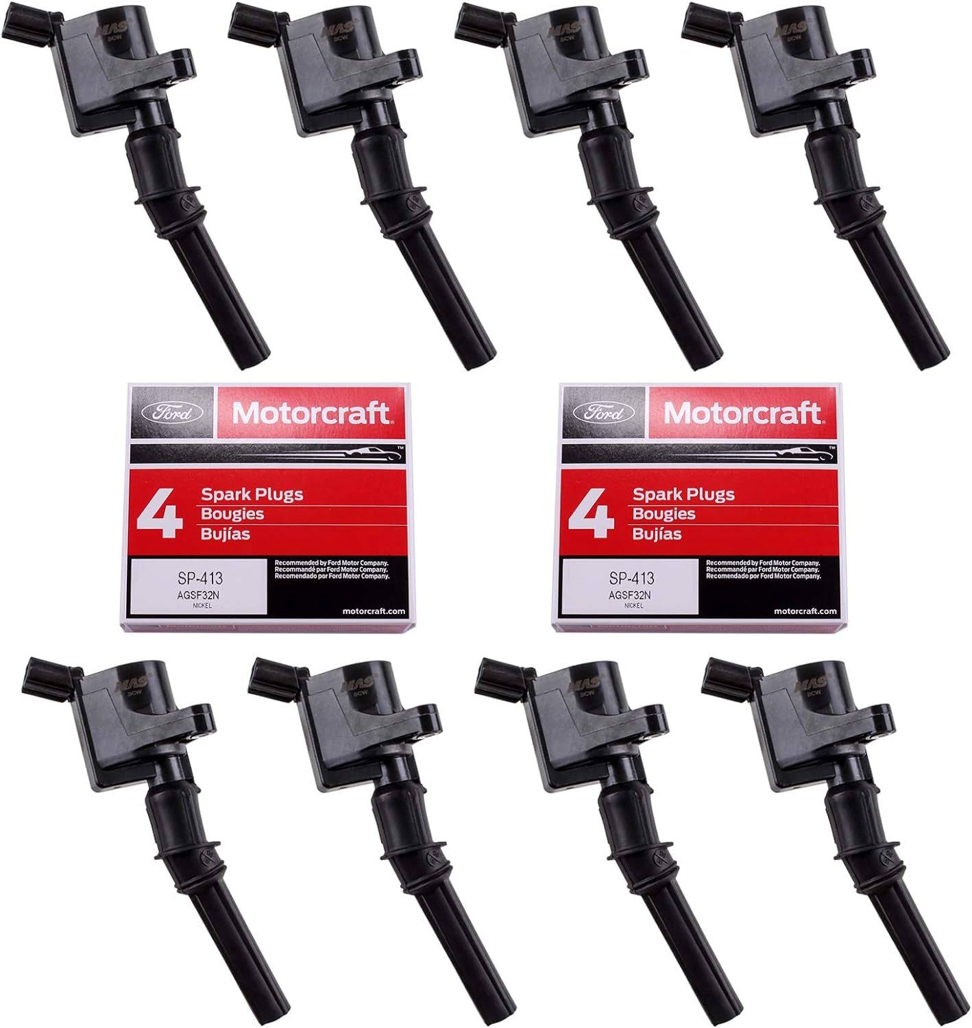 Ignition Coils Dg508 And Motorcraft Oem Spark Plugs Sp413 Compatible With Ford F-150 Mustang V8 4.6l Pack Of 8