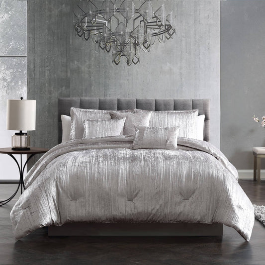 Home Turin Crinkle Velvet 7-Piece Comforter Set, Silver, Queen