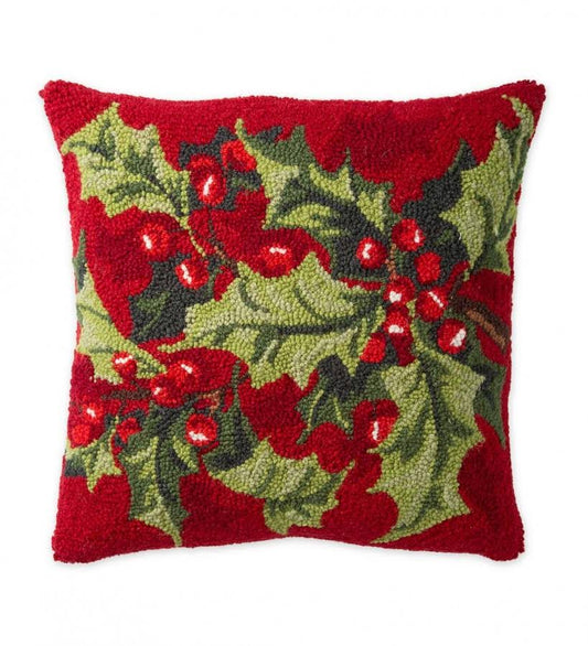 Holly And Berries Hand-Hooked Wool Throw Pillow On Red Background