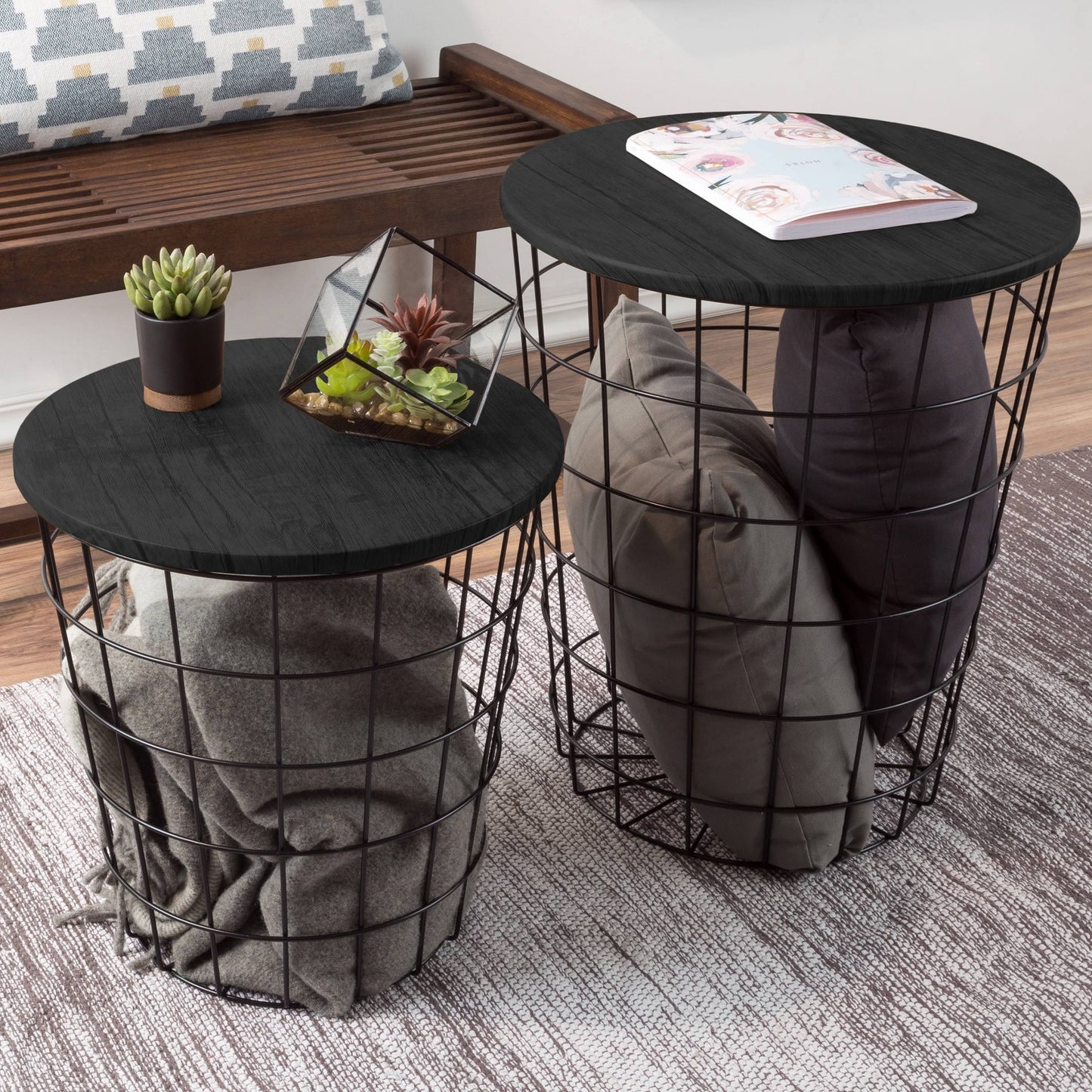 Home 80-Endtbl-2 Nesting End Tables With Storage, Black (Pack Of 2), Size: Large