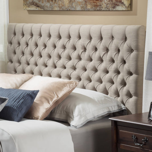 House Abigail Queen Button Sand Tufted Fabric Headboard, Beige