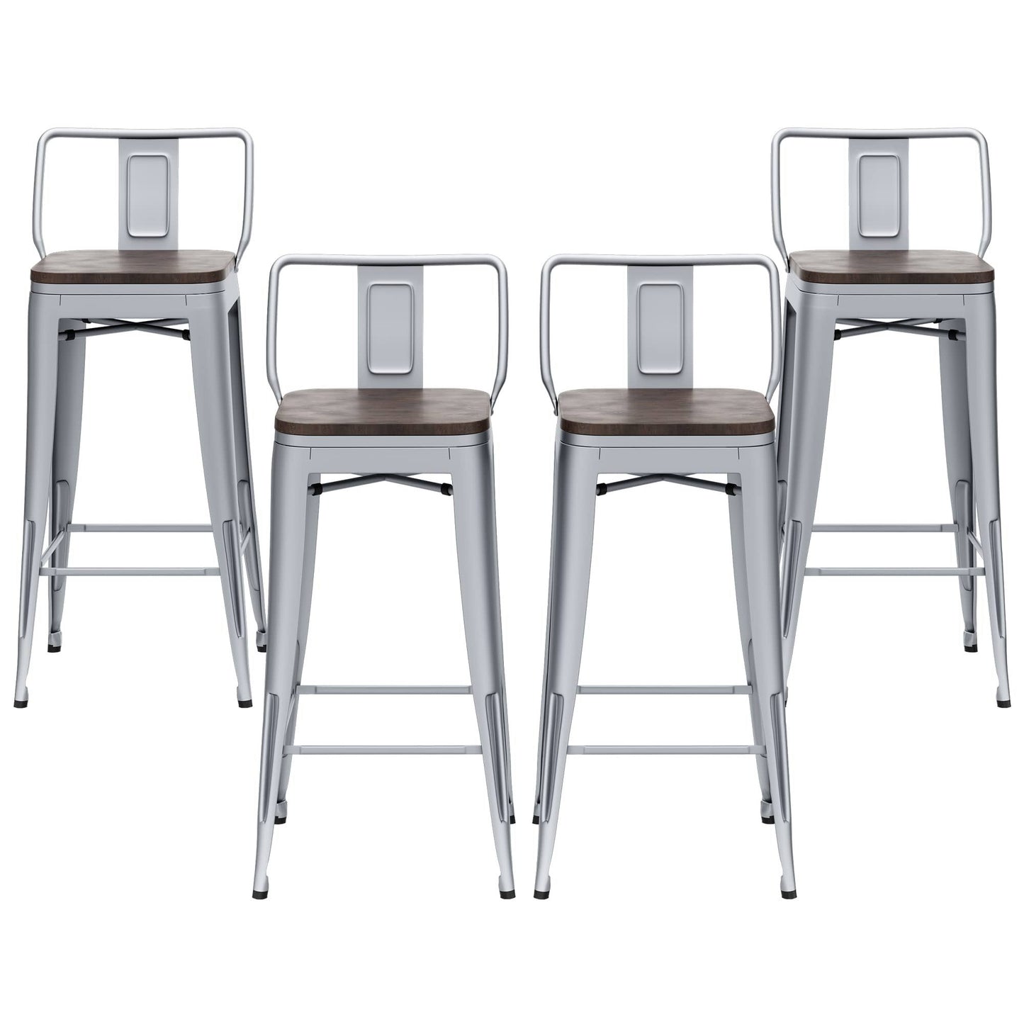 Home Distressed Bar Stools Industrial Metal Barstools Counter Height Stools With Wooden Seat [Set Of 4] (24", Low Back Distressed Green-Blue)