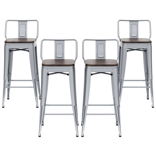 Home Distressed Bar Stools Industrial Metal Barstools Counter Height Stools With Wooden Seat [Set Of 4] (24", Low Back Distressed Green-Blue)