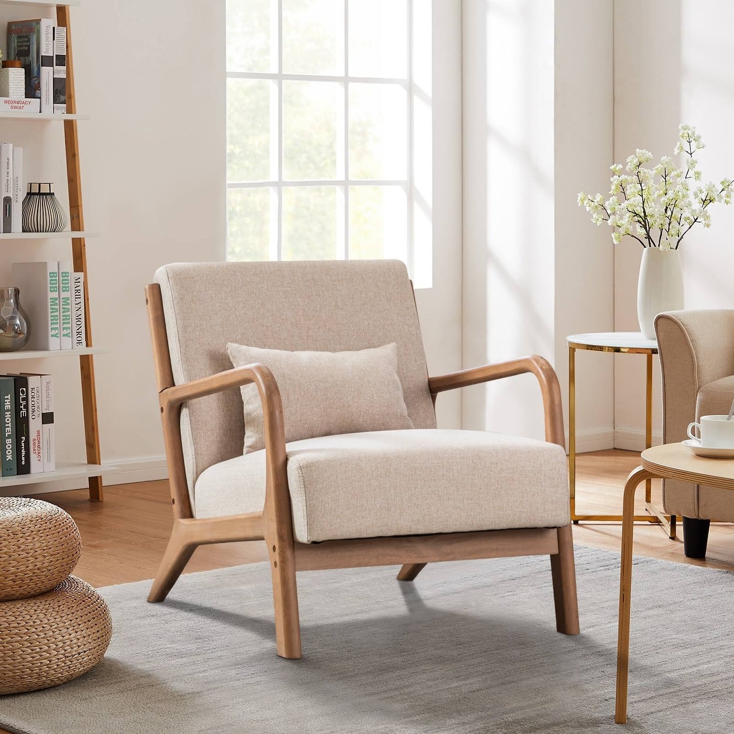 Home Inc Aston Modern Solid Wood Accent Chair Arm Chairs, Lounge Chairs Including Two Beige Chair One-Person Position*2 Espresso Finish Fabric