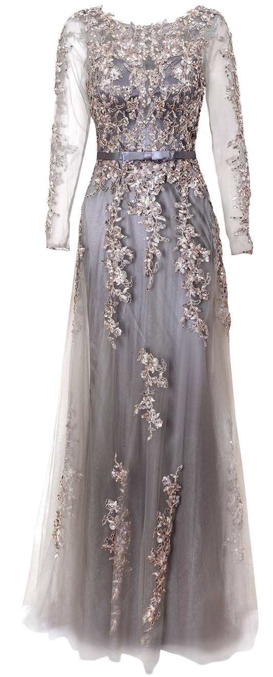 Illusion Long Sleeve Embroidery Formal Dress 6 / Navy
