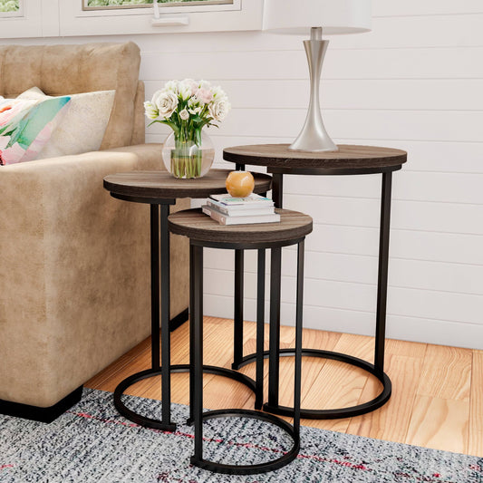 Home Wooden Round Nesting Side Tables With Modern Woodgrain Look (Set Of 3), Light Oak Wood-Look With Black Legs