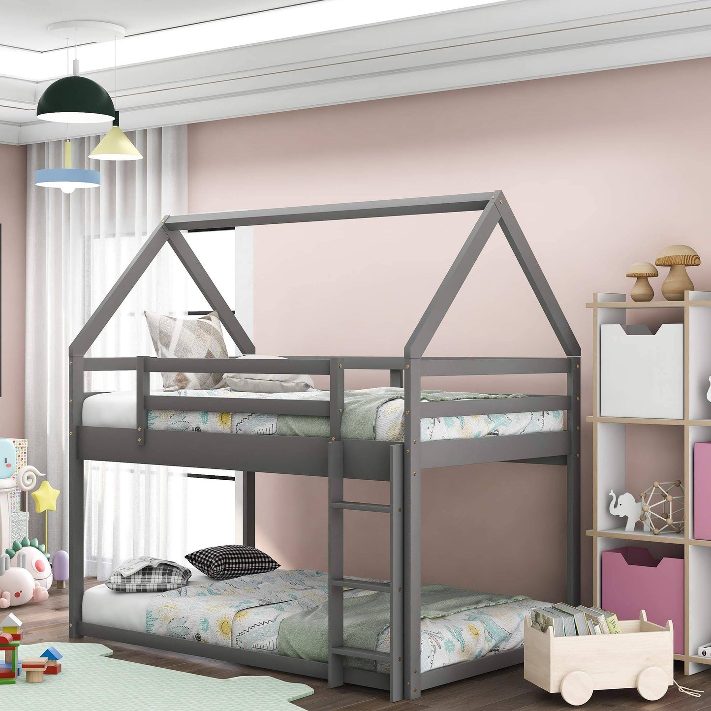 House Shaped Bunk Bed Twin Over Twin Size Wood Bunk Bed Frame Low Bunk Beds For Kids And Toddlers T