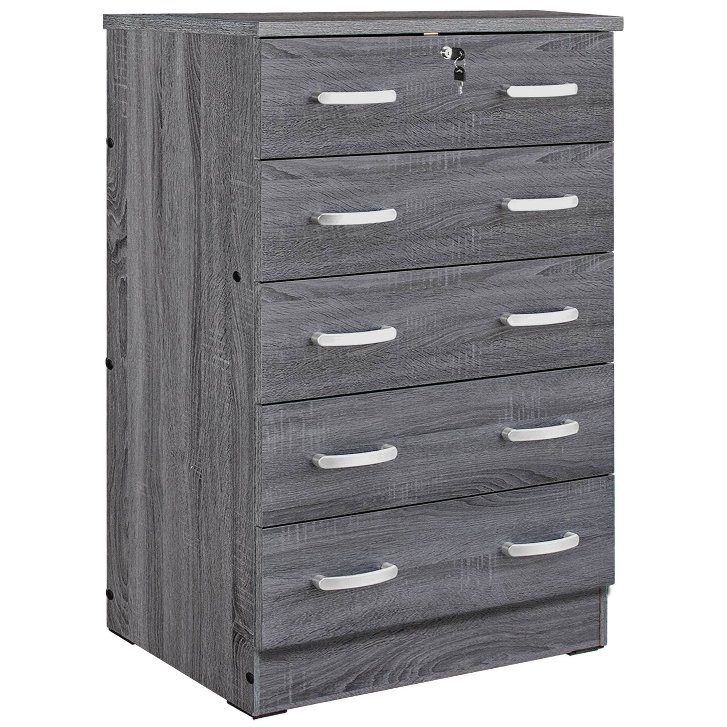 Home Products Cindy 5 Drawer Chest Wooden Dresser With Lock In Gray
