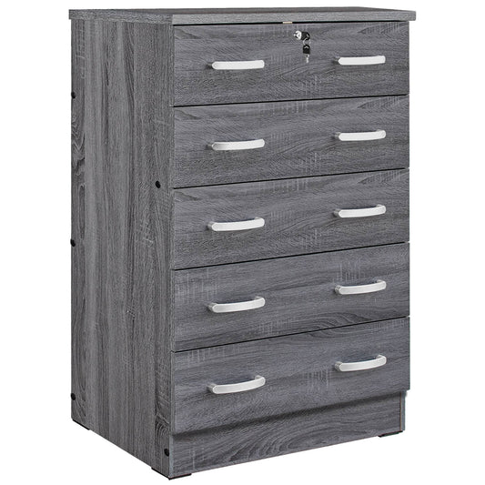 Home Products Cindy 5 Drawer Chest Wooden Dresser With Lock In Gray
