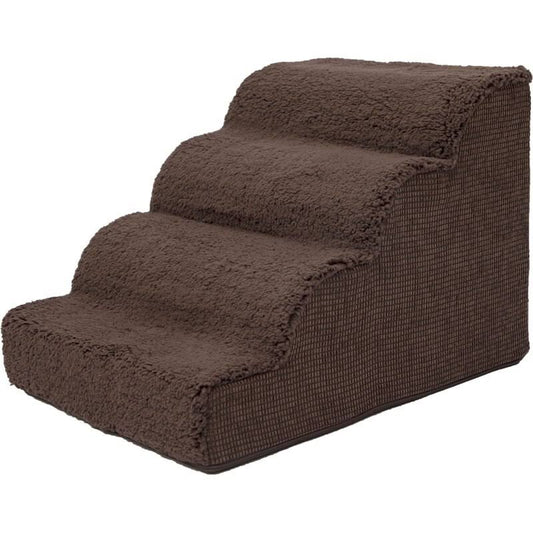 High Density Foam Scalloped Sherpa Top 4 Steps Dog & Cat Stair, Brown