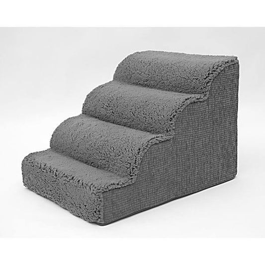 High Density Foam Scalloped Sherpa Top 4 Steps Dog & Cat Stair, Gray