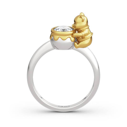 Hug Me Bear Holding Honey Pot Round Cut Sterling Silver Ring