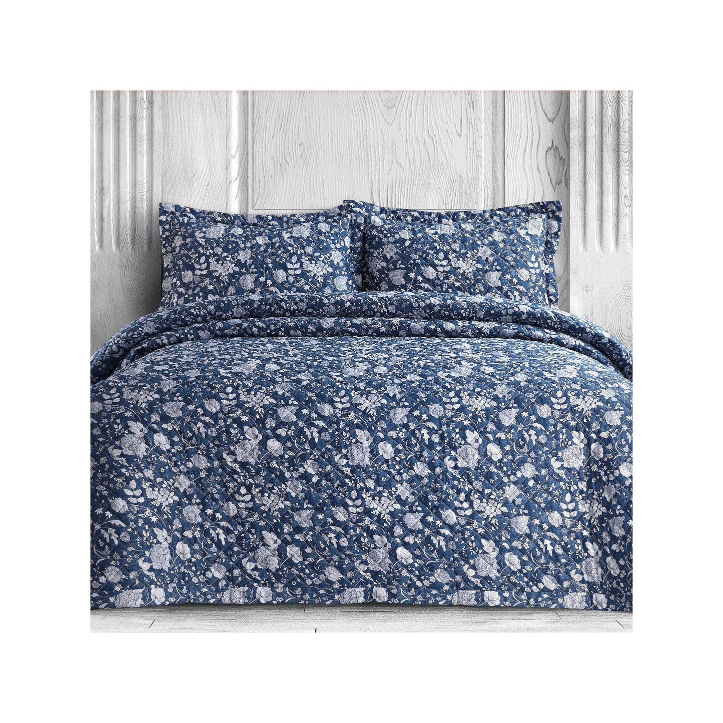 Home Organic Cotton 300 Thread Count Printed Oversized Quilt Set Blue Queen