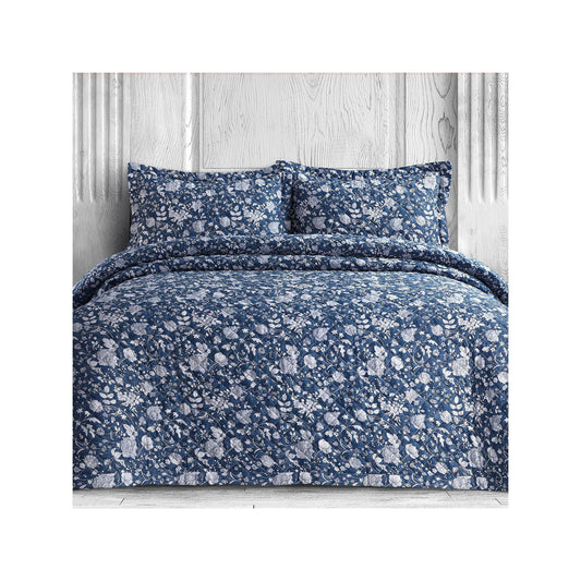 Home Organic Cotton 300 Thread Count Printed Oversized Quilt Set Blue Queen